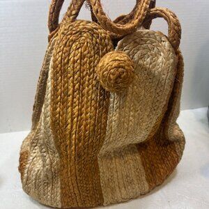 Handmade Two-Tone Woven Braided Raffia/Straw Travel Tote Bag 14"x10"x13"